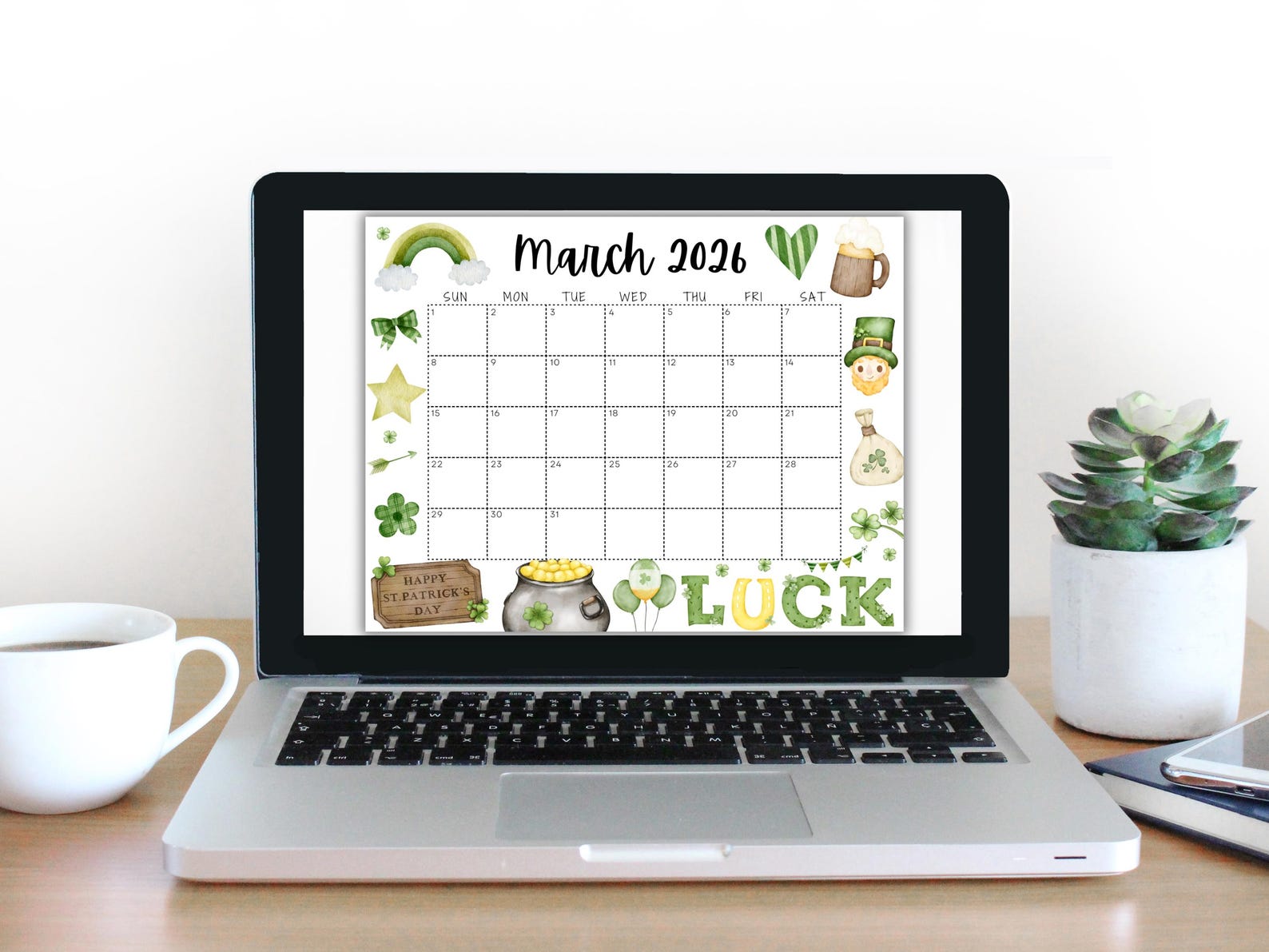 EDITABLE March 2026 Calendar, Printable Calendar W/ St Patricks Day Pot ...