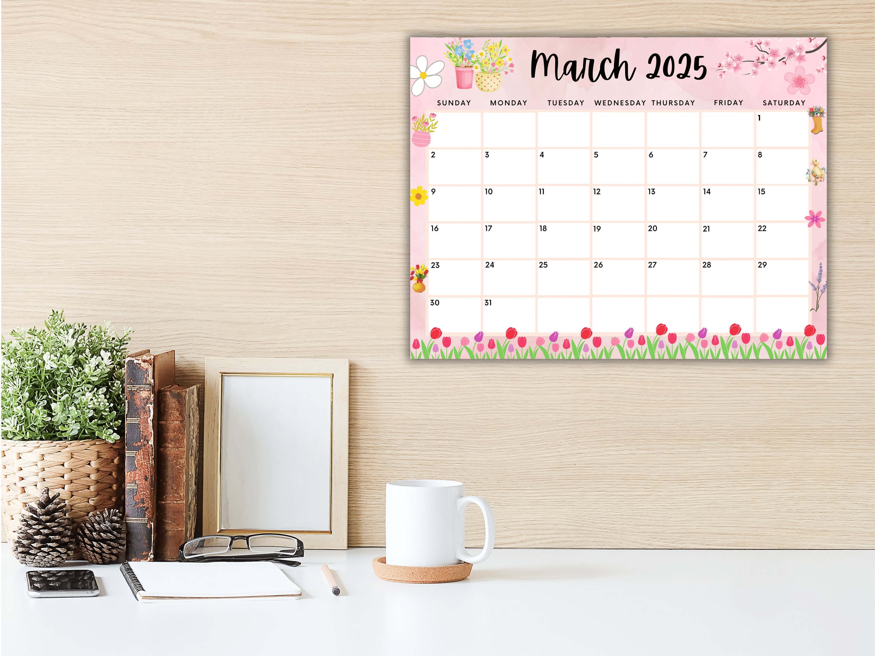 EDITABLE March 2025 Calendar, Printable Wall Calendar 2025, Cute Spring