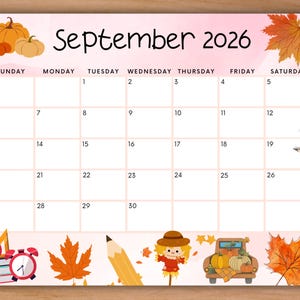 Editable September 2026 Calendar, Cute Printable Calendar, Back to School Fall Calendar w/ Apple and Scarecrow, Monthly Calendar Homeschool