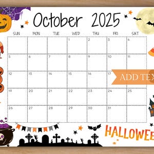 Editable October 2025 Calendar, Printable Calendar, 2025 Wall Calendar, Cute Calendar for Halloween, Monthly Calendar, Classroom Calendar