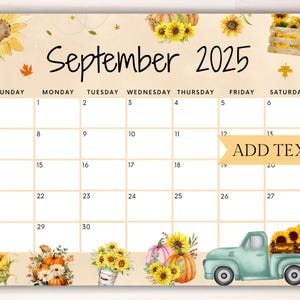 Editable September 2025 Calendar, Printable Calendar W/ Sunflowers and