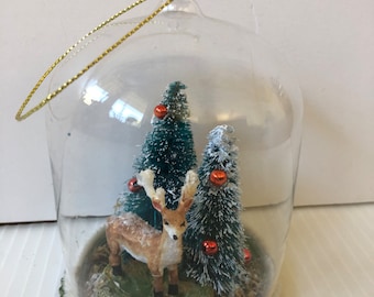 Vintage Diorama Christmas Bottlebrush Trees Reindeer Glass Dome Hanging Ornament 4-1/2" High Mid Century