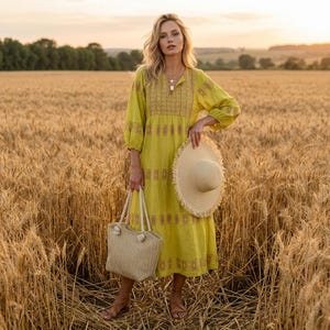 Printed Patchwork Maxi Dress, Women's Deep V Neck Boho Dress, Long Sleeve Pleated Dress, Loose Holiday Outfit, Elegant Travel Wear