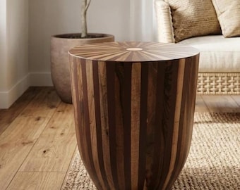 Walnut Resin Sunburst Side Table, Striped Drum Coffee Table, Mid-Century Modern Nightstand