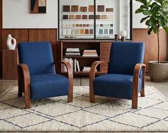 Mid-Century Modern Walnut Armchairs, Handcrafted Blue Upholstery Lounge Chairs