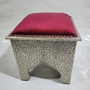Hand Carved Moroccan Ottoman Chair: Metal Accent Stool