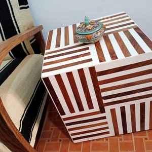 Stunning cube shaped side table, table made of walnut wood. Unique art side table, striped coffee table, wood table adds charm to your room