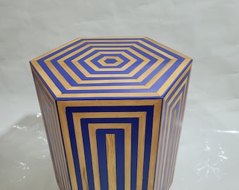 Custom Moroccan Cedar Side Table: Striped Blue Resin Inlay