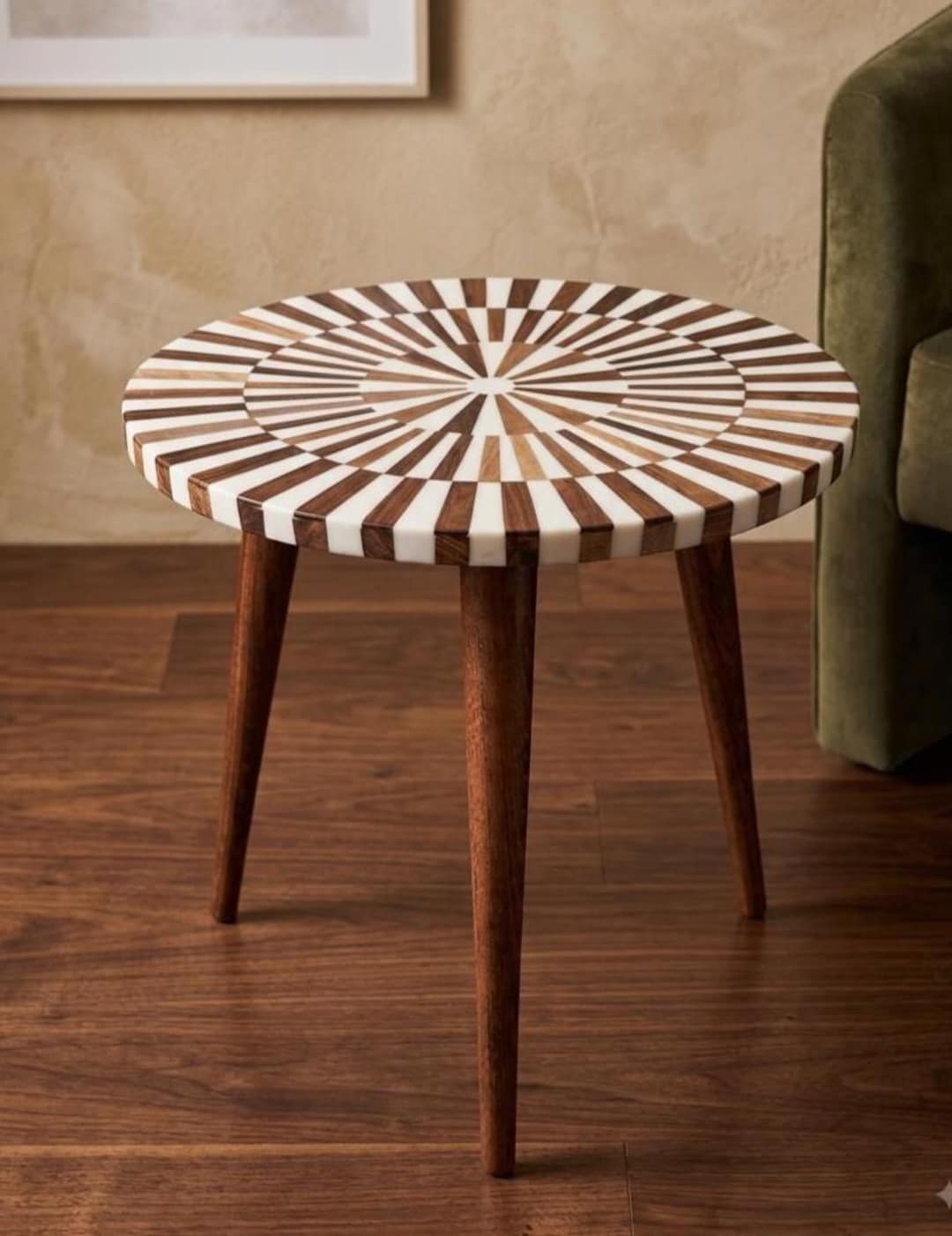 Walnut and white resin Moroccan nesting tables, handcrafted trio