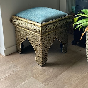 Hand-Sculpted Brass Moroccan Ottoman: Traditional Accent Chair