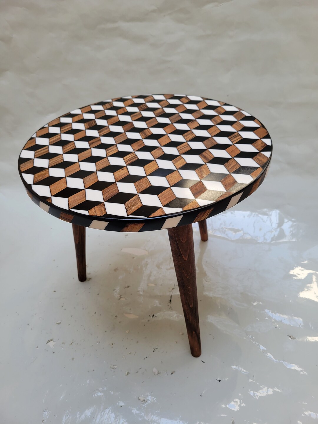 Moroccan round coffee table, carved walnut wood and white resin