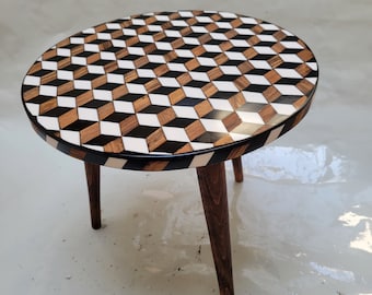 Moroccan Round Coffee Table: Carved Walnut Wood & White Resin Accent Table