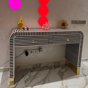 Moroccan Console Table: Black & White Resin Desk with Drawers