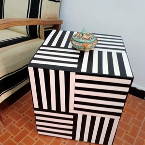 Stunning Cube Side Table, Unique Wooden Piece of Art Side Table, Black Striped Coffee Table, Wooden Table Adds Charm to Your Room