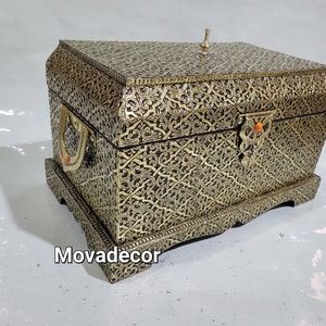 Large Handmade Brass Wooden Jewelry Box, Lockable Wooden Chest Box, Unique Handmade Art Piece, Safe and Beautiful Moroccan box