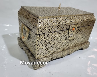 Large Handmade Brass Wooden Jewelry Box, Lockable Wooden Chest Box, Unique Handmade Art Piece, Safe and Beautiful Moroccan box