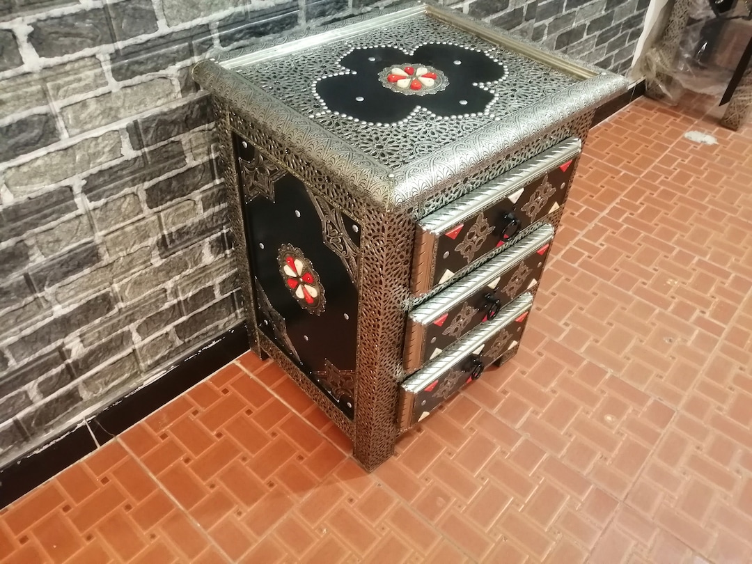 Moroccan wooden metal cabinet decorated with bone and black leather
