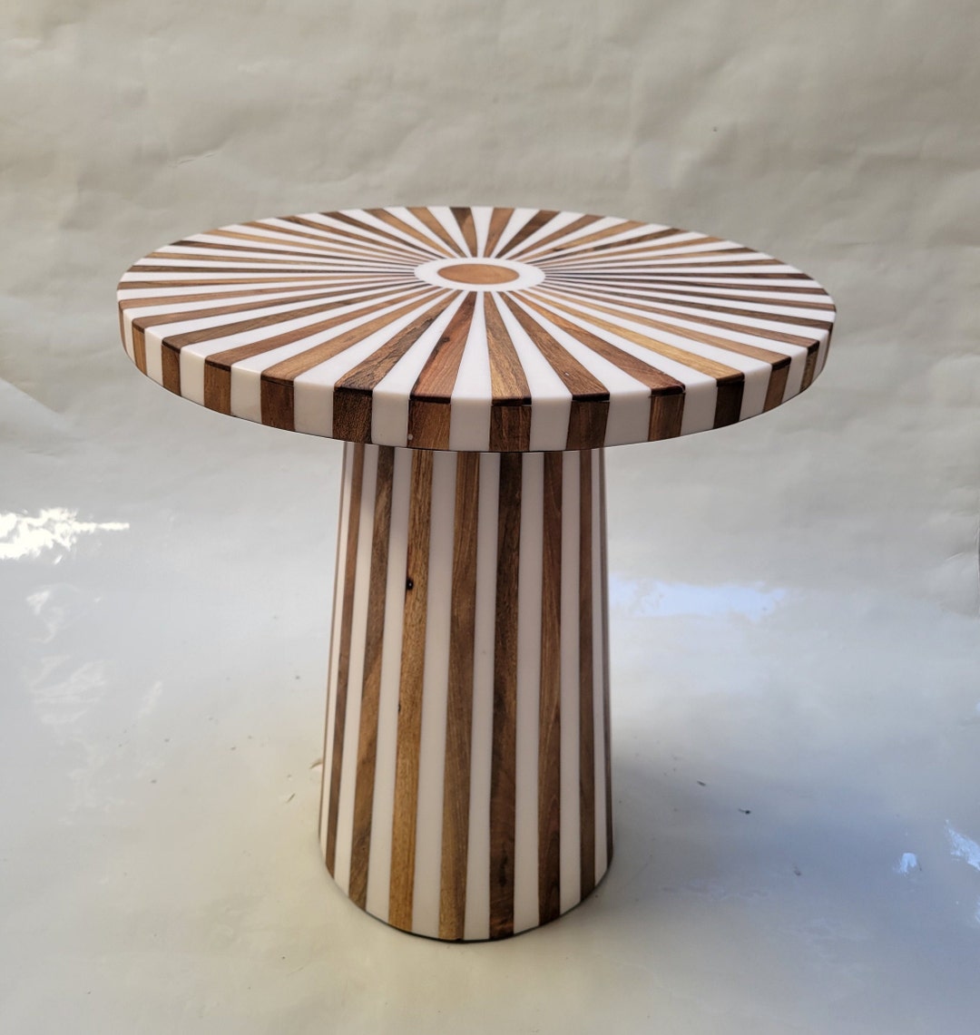 Handcrafted walnut side table with white resin sunburst inlay, round accent table
