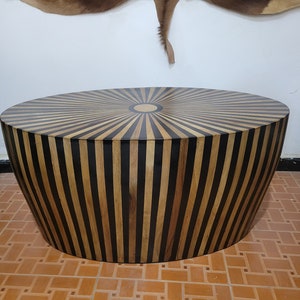 Custom Made Moroccan Oval Table, Unique Handcrafted Modern Wooden Table, Walnut Striped Coffee End Table, Black Accent Bench