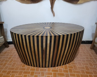 Custom Made Moroccan Oval Table, Unique Handcrafted Modern Wooden Table, Walnut Striped Coffee End Table, Black Accent Bench