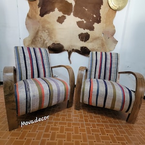 Set of 2 Mid Century Armchairs - Modern Armchair - Antique Recliner - Handcrafted from Walnut and Antique Moroccan Fabric