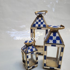 Set of 3 Moroccan Style Blue Mosaic Lanterns – Handcrafted Decorative Candle Holders – Boho Home Decor – Ramadan, Table Centerpiece