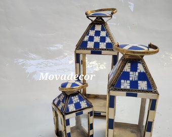 Set of 3 Moroccan Style Blue Mosaic Lanterns – Handcrafted Decorative Candle Holders – Boho Home Decor – Ramadan, Table Centerpiece