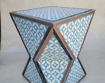 Handcrafted Walnut Side Table: Blue Resin Accent, Unique Barrel Shape