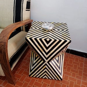 Luxury Bone & Resin Geometric Side Table – Handmade Moroccan Accent Furniture for Living Room or Showcase