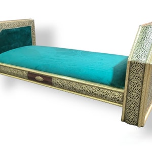 Moroccan sofa handcrafted from brass and high-quality fabric. Unique sofa