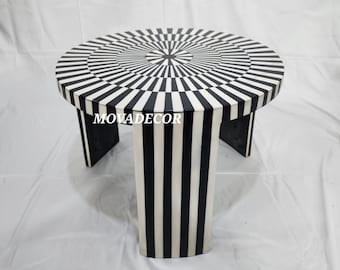 Handmade Moroccan Coffee Table: Black & White Resin Inlay, Antique Style