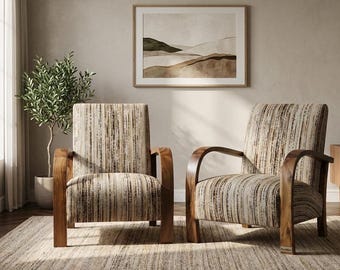 Mid Century Modern Armchair Set: Handcrafted Walnut & Kilim Fabric