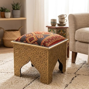 Handmade Moroccan Brass Pouf, Engraved Metal Ottoman, Leather Top Footstool