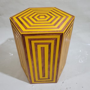 Custom Made Moroccan Round Table, Unique Handcrafted Modern Wooden Side Table, Striped Cedar Coffee End Table, Yellow Accent Stool