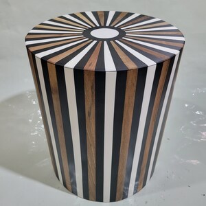 Black and White Moroccan Walnut and Resin Round Table, Modern Unique Handcrafted Wooden Side Table, Walnut Striped Coffee Side Table