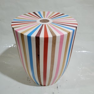 Colorful Resin Moroccan Walnut Round Table, Modern Unique Handcrafted Wooden Side Table, Walnut Striped Coffee Side Table