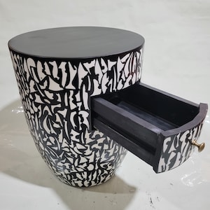 Stunning handcrafted cedar round table, unique wooden piece art side table, black and white resin side table, drawer table