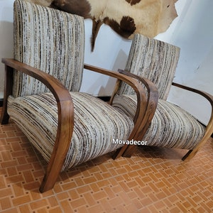 Set of 2 Mid Century Armchairs - Modern Armchair - Antique Style Recliner - Handcrafted Walnut and French Terry Fabric