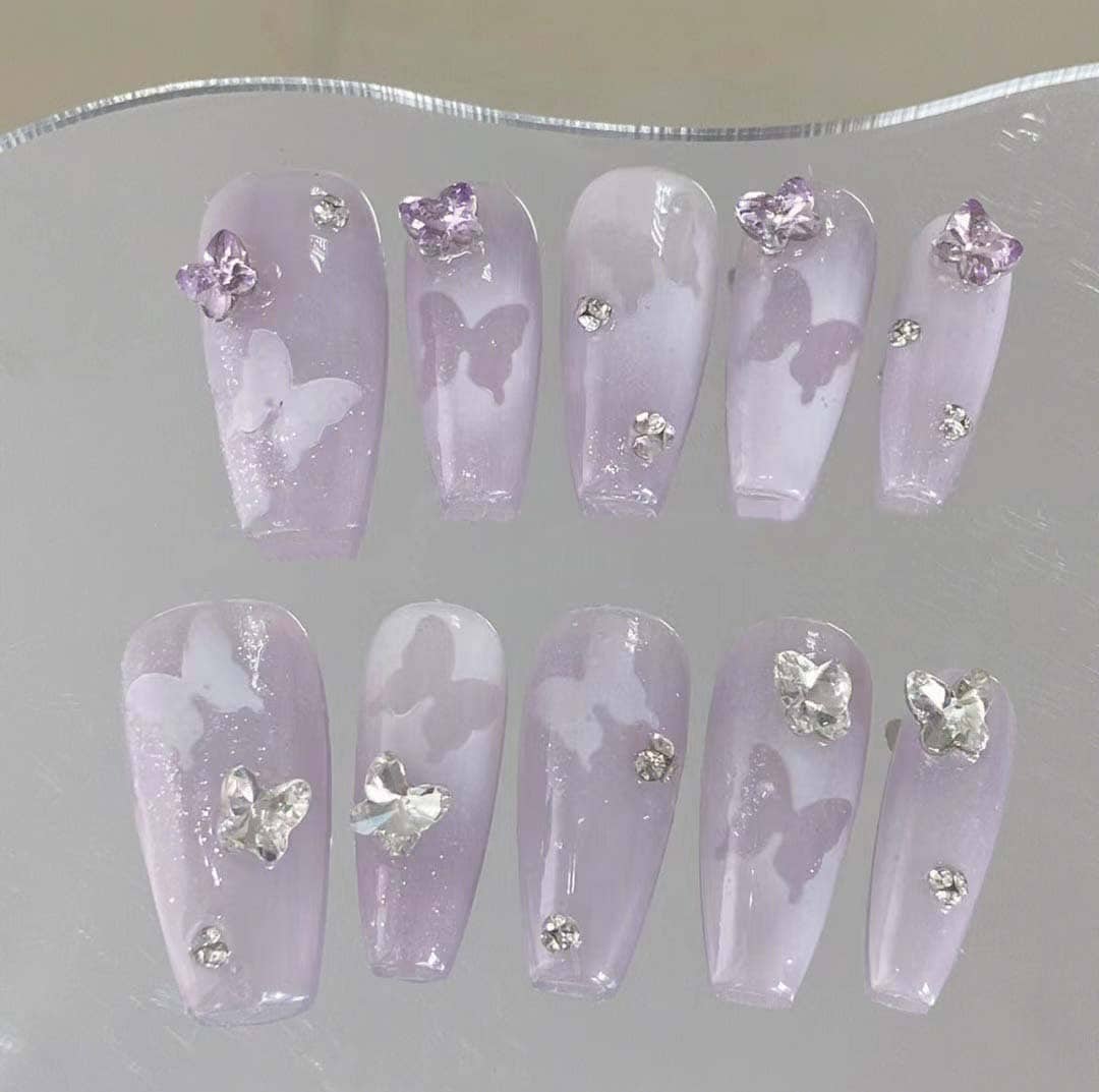 Purple Butterfly Nails, Butterfly Rhinestones Pressed on the Nails
