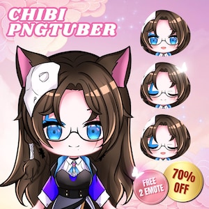 May include: A digital illustration of a chibi character with brown hair, blue eyes, and glasses. The character is wearing a black and purple outfit with a white collar and a pink cat ear headband. The image includes the text "CHIBI PNGTUBER" and "FREE 2 EMOTE 70% OFF".