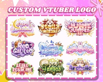 Könnte beinhalten: Eine Sammlung von neun individuellen VTuber-Logos mit verschiedenen grafischen Designs, darunter stilisierter Text und Illustrationen von Tieren, Himmelskörpern und Blumenmotiven in einer lebendigen Farbpalette auf rosa Grund.