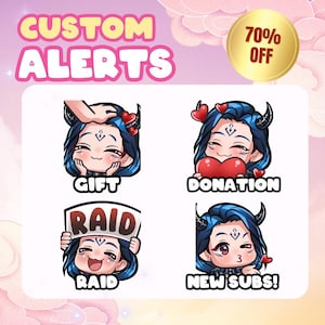 May include: Four custom animated alerts for Twitch or YouTube featuring a blue-haired character with horns. The alerts are for donations, gifts, raids, and new subscribers.