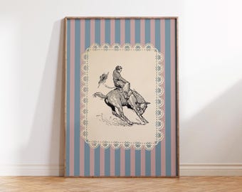 Vaquero vintage del oeste sobre un bronco / Impresión digital - Temática del oeste, rayas, guardería, sala de juegos, arte mural vaquero, decoración infantil, regalo vaquero