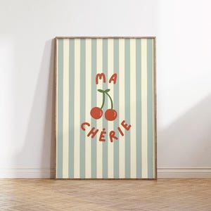 Ma Cherie | Digital Print - Printable Wall Art, French Poster, Cherry Wall Art, Cherries Art, Vintage Inspired Art, Stripes Decor