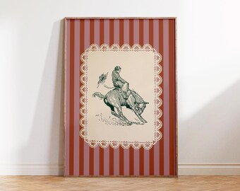 Vaquero vintage del oeste sobre un bronco / Impresión digital - Temática del oeste, rayas, guardería, sala de juegos, arte mural vaquero, decoración infantil, regalo vaquero
