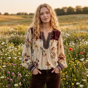 Camicetta boho retrò con inserti in pizzo e patchwork per donna, maglietta a maniche lunghe con scollo a V e stampa, top boho ampio e casual