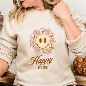 Happy Lifting Crewneck, Smiley Face Shirt, Be Happy Lift Heavy Lange Mouw tshirt, Unisex gewichtheffen shirt, Pump Cover, Cute lifting shirt