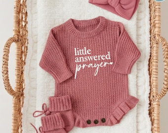 Embroidered Little Answered Prayer Knit Romper, Cute Heaven Sent Ruffle Romper, Religious Baby Shower Gift, Bible Verse Newborn Bodysuit.