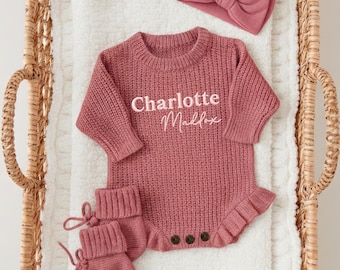 Embroidered Custom Baby Name Knit Romper, Coming Home Outfit, Cute Ruffle Bodysuit, Baby Shower Gift, Embroidery Set Gift For Infant.