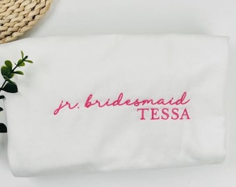 Embroidered Custom Name Jr. Bridesmaid Sweater, Wedding Party Kids Outfit, Bridal Party Hoodie Gifts, Embroidery Bachelorette Party Crewneck